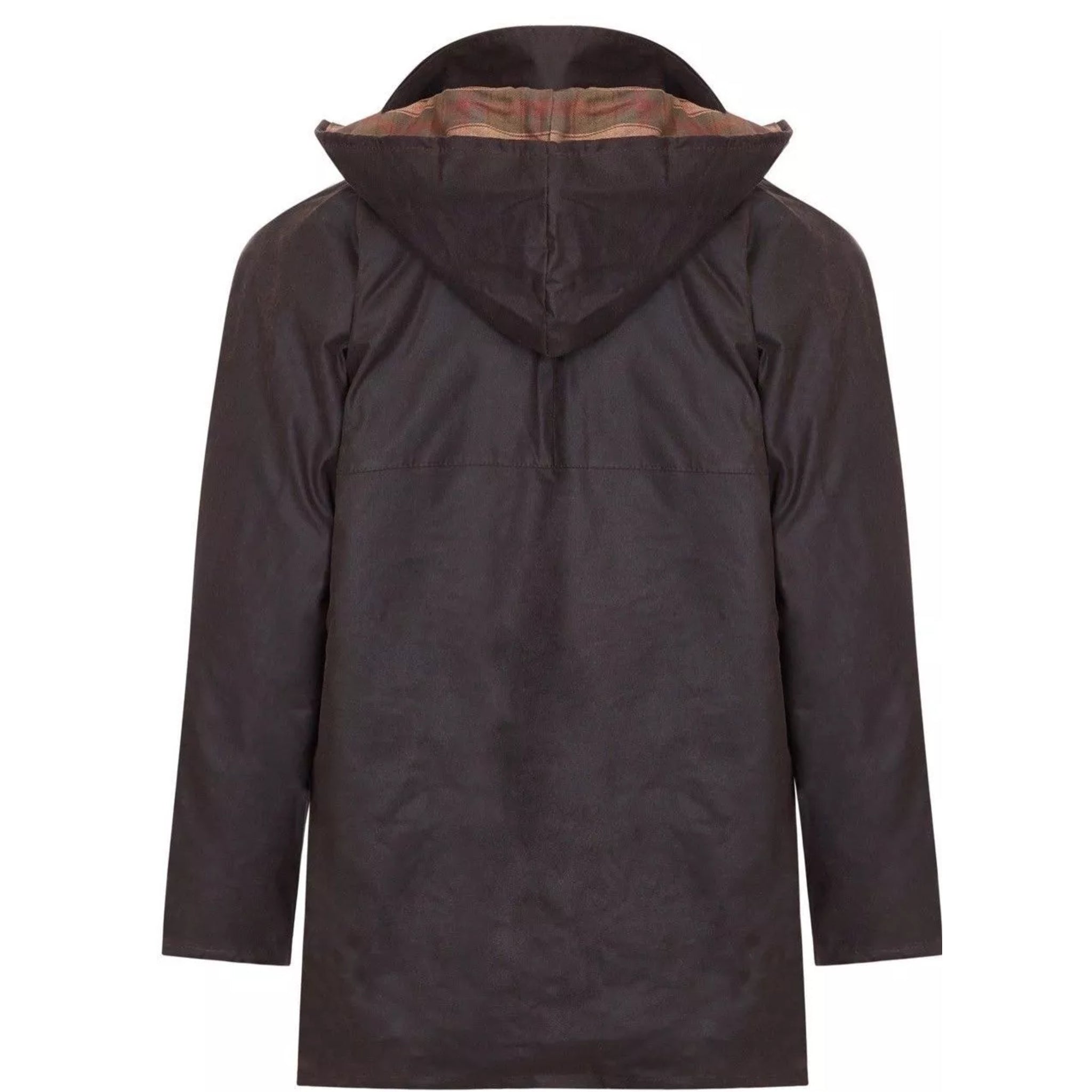 Nicky Adams men's brown padded wax jacket with hood, corduroy collar, and multiple pockets – classic British country outerwear